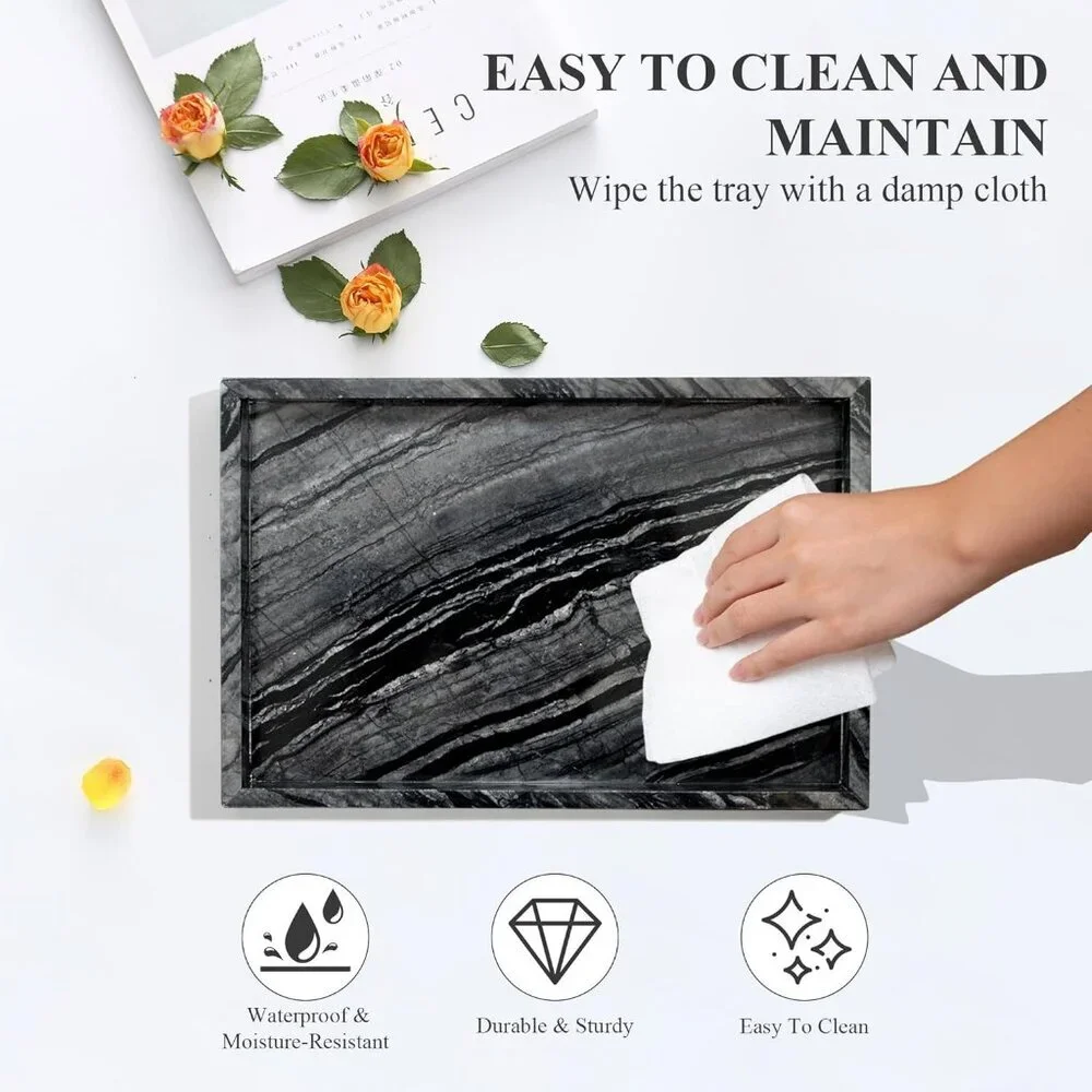 Natural Marble Tray for Bathroom, Genuine Ancient Wood Grain Marble Vanity Tray,